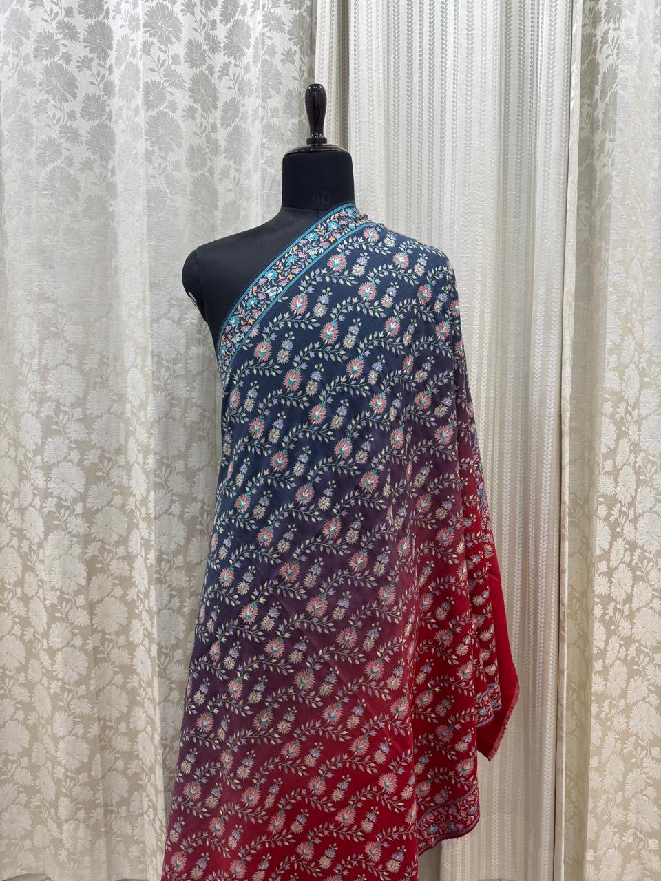 Grey and Red Shaded Papier Mache Shawl with Multicolour Resham Embroidery