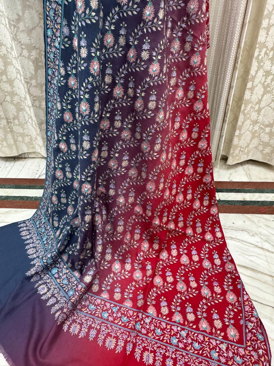 Grey and Red Shaded Papier Mache Shawl with Multicolour Resham Embroidery - Image 3