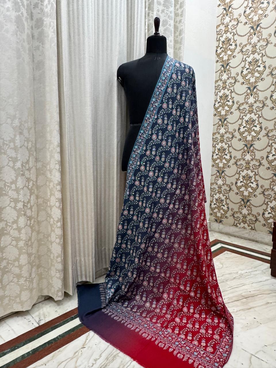 Grey and Red Shaded Papier Mache Shawl with Multicolour Resham Embroidery - Image 4