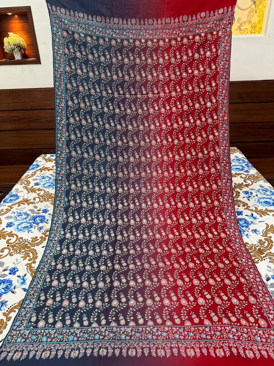 Grey and Red Shaded Papier Mache Shawl with Multicolour Resham Embroidery - Image 5