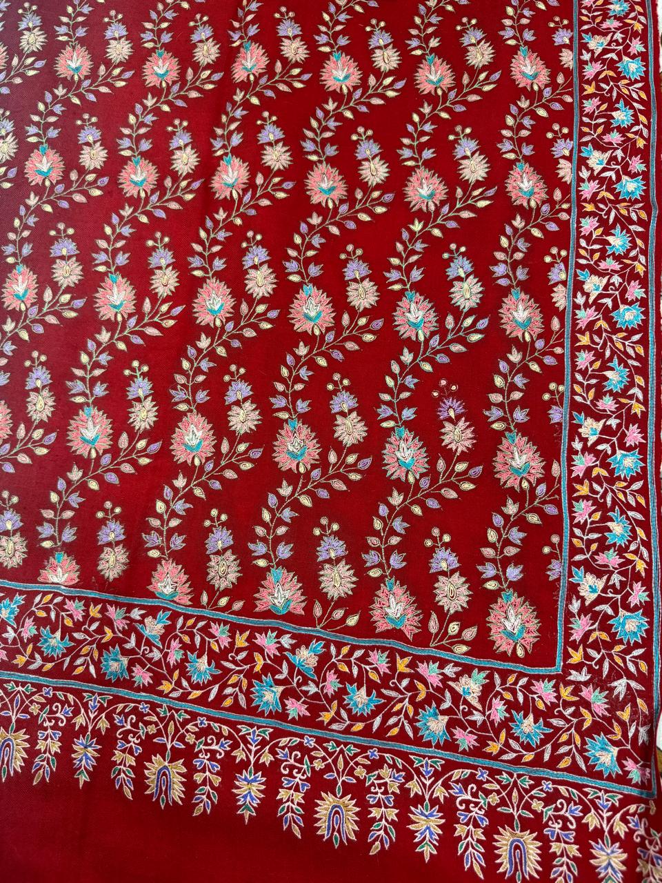 Grey and Red Shaded Papier Mache Shawl with Multicolour Resham Embroidery - Image 7
