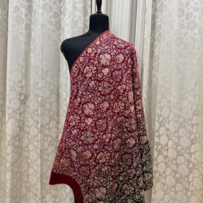 Green and Red Shaded Papier Mache Shawl with Multicolour Floral Embroidery