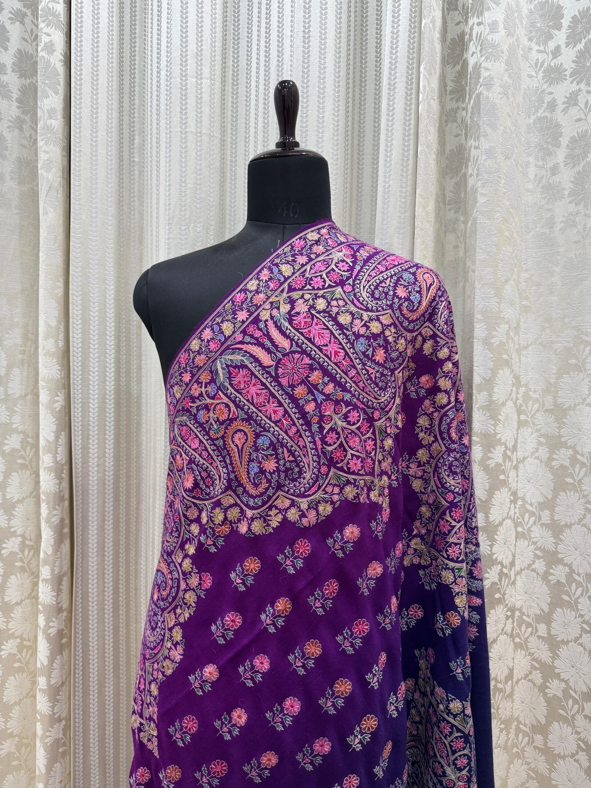 Elegant Shaded Papier Mache Shawl – Purple-Blue Base with Silk Thread Floral Motifs - Image 2