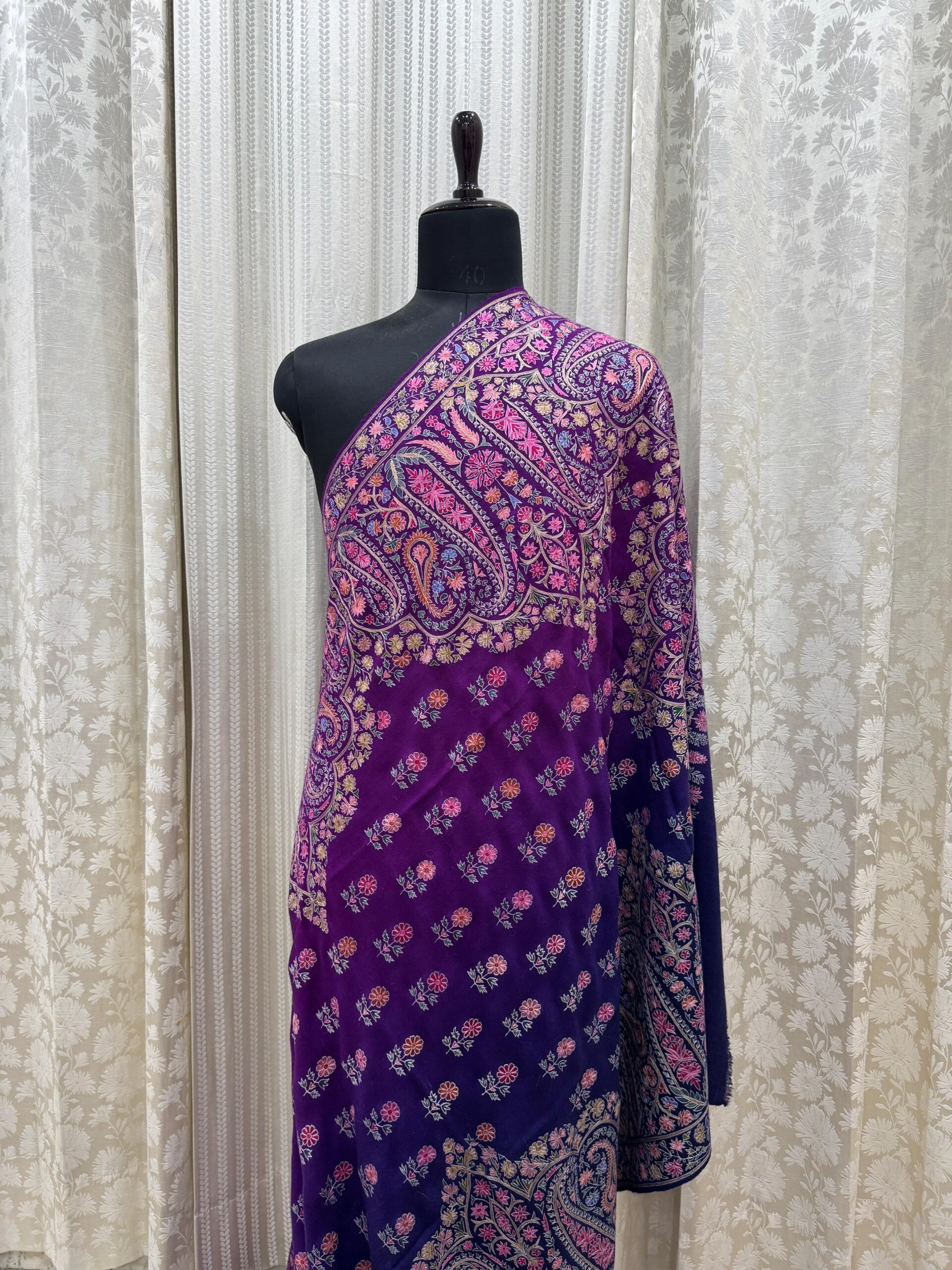 Elegant Shaded Papier Mache Shawl – Purple-Blue Base with Silk Thread Floral Motifs