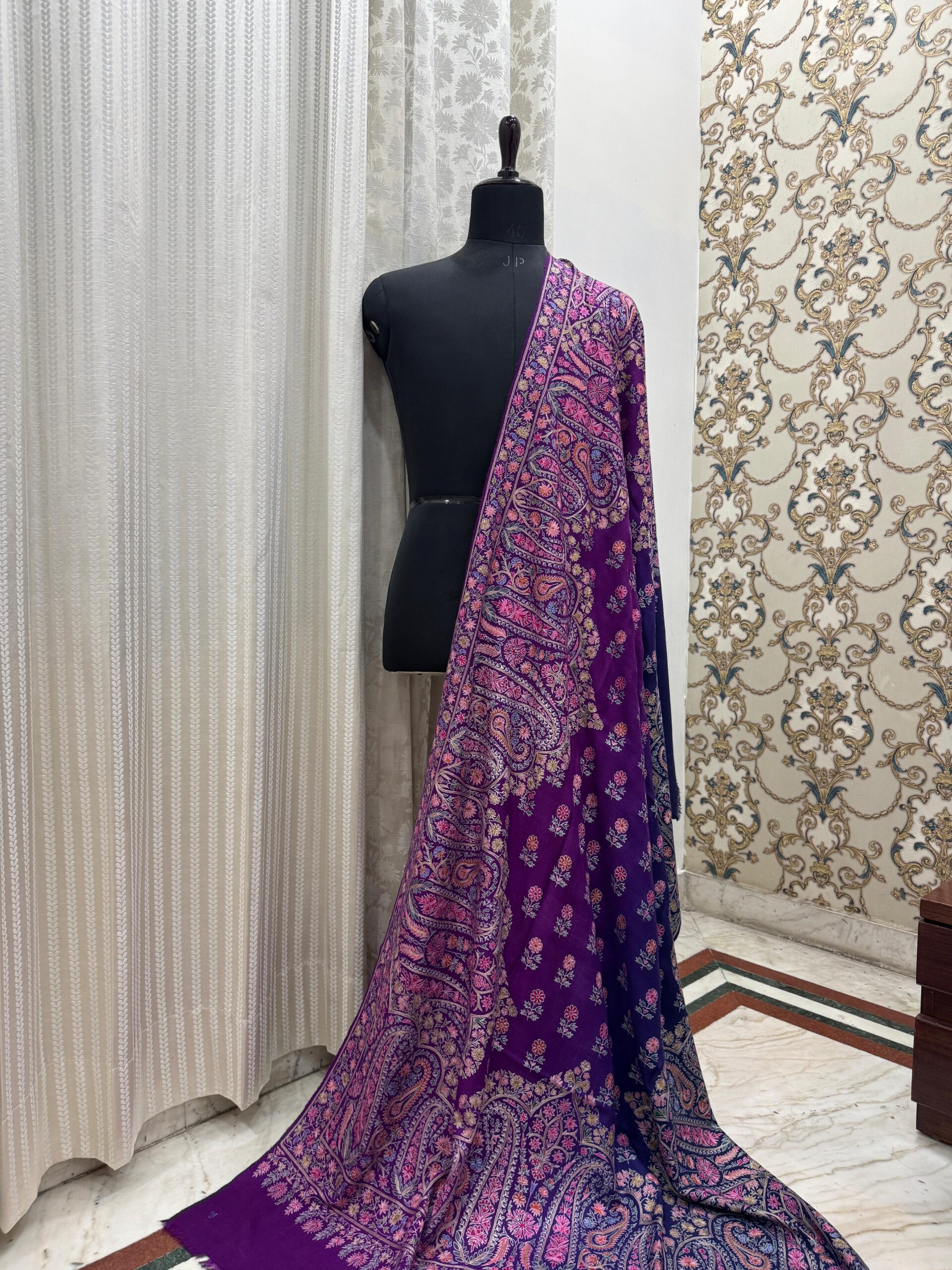 Elegant Shaded Papier Mache Shawl – Purple-Blue Base with Silk Thread Floral Motifs - Image 5