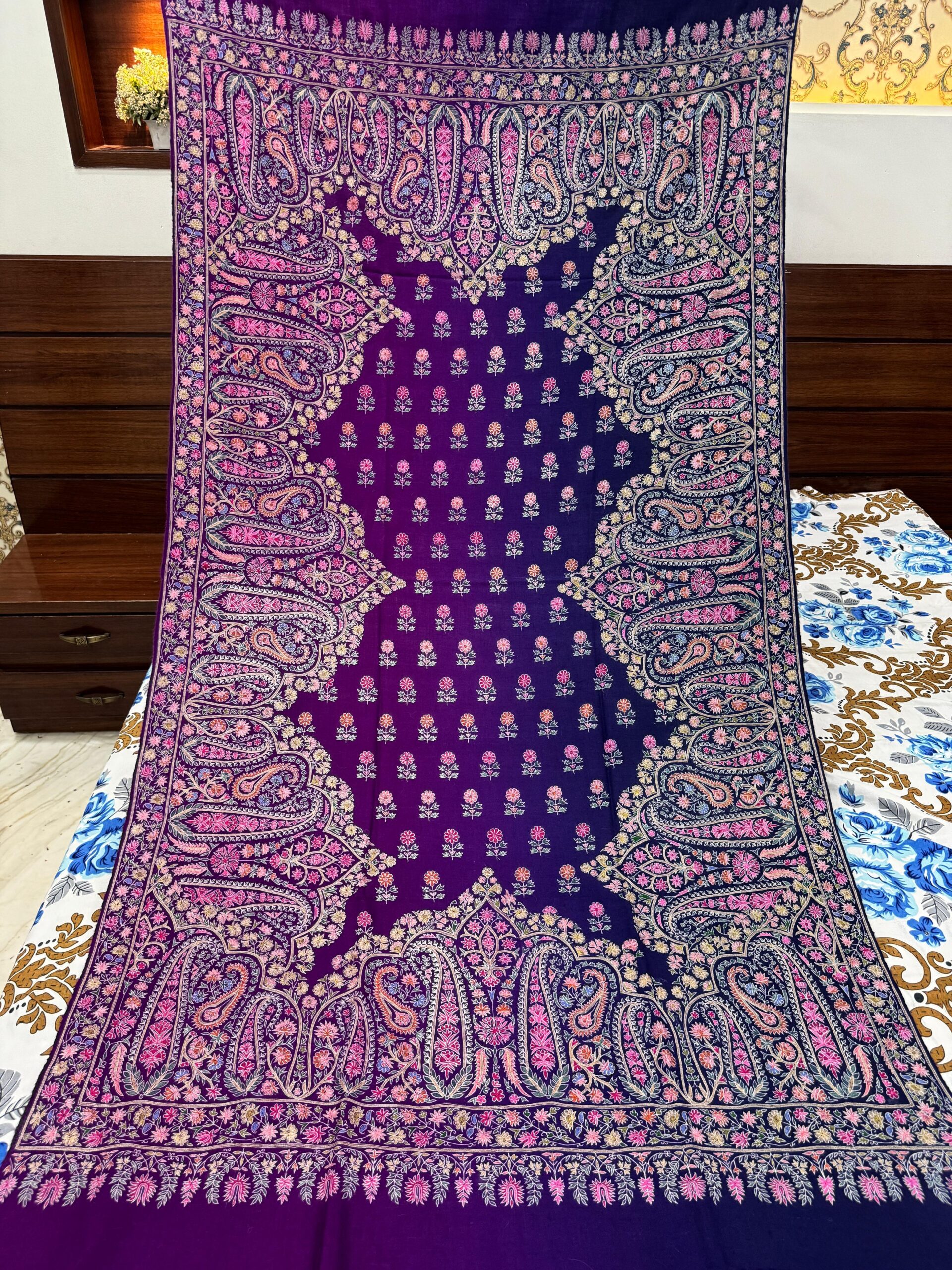 Elegant Shaded Papier Mache Shawl – Purple-Blue Base with Silk Thread Floral Motifs - Image 6