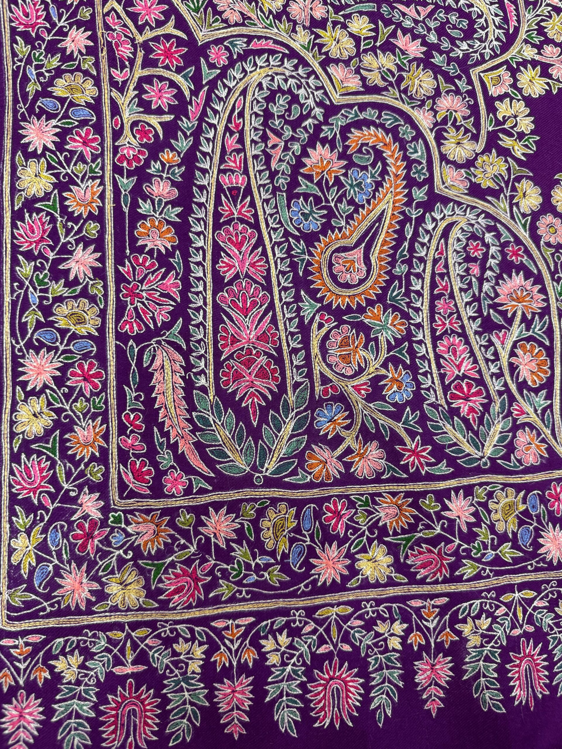 Elegant Shaded Papier Mache Shawl – Purple-Blue Base with Silk Thread Floral Motifs - Image 4