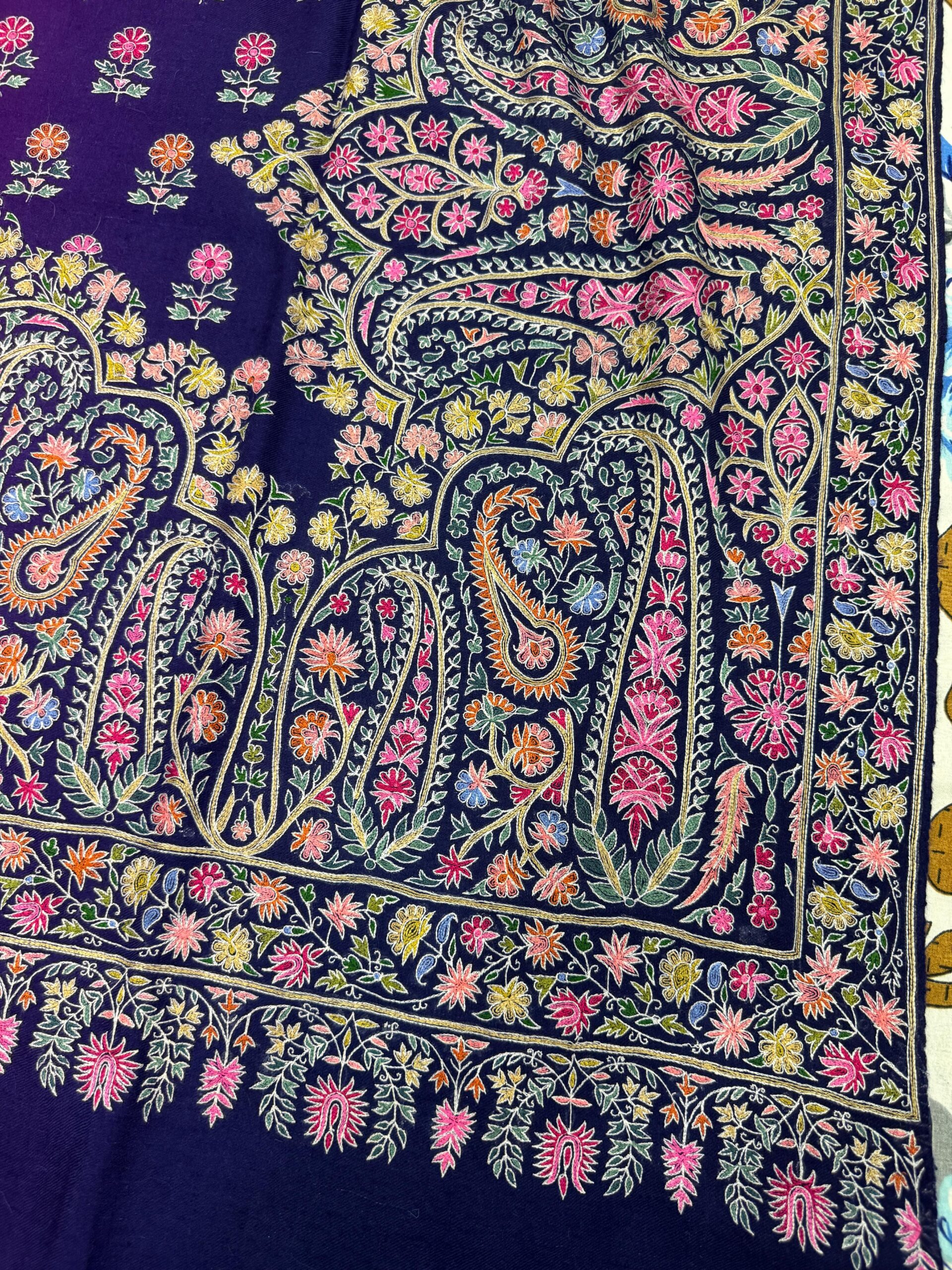 Elegant Shaded Papier Mache Shawl – Purple-Blue Base with Silk Thread Floral Motifs - Image 3