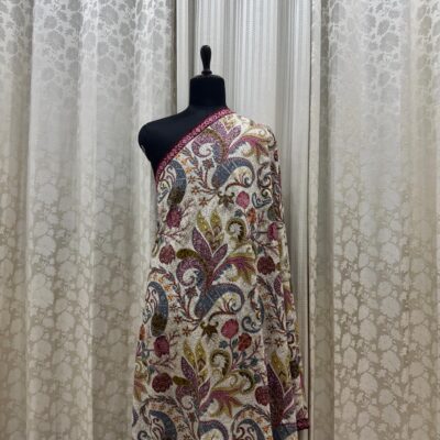 Off-White Kalamkari Pashmina Shawl with Multicoloured Embroidery