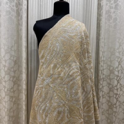Off White Pure Pashmina Shawl with Golden & Silver Zari Embroidery